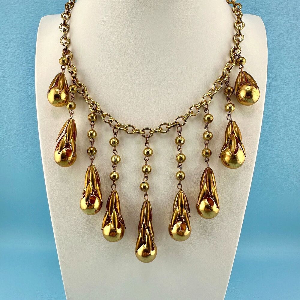 Vintage Art Deco Necklace Fringe Chain Antiqued Gold Tone Etruscan Revival State - Picture 13 of 16